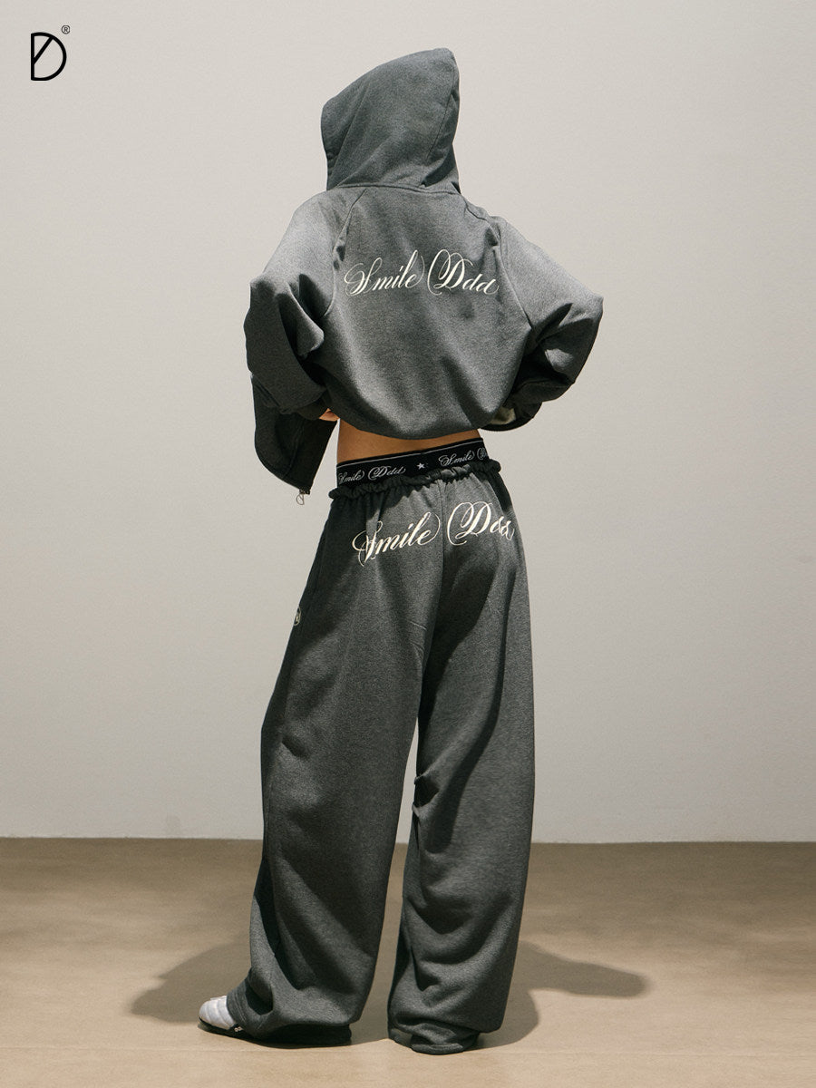 Logo Print Cropped Hoodie & Logo Print Wide Leg Sweatpants Setup