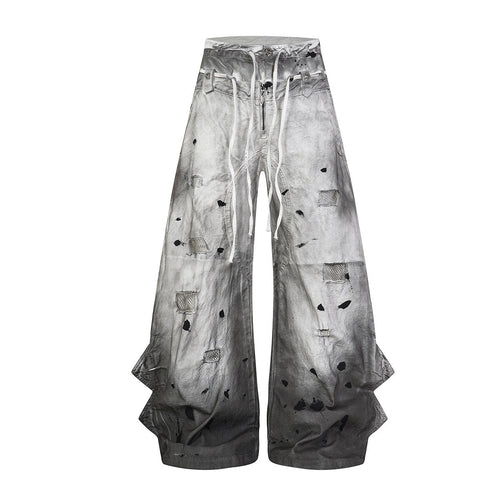 Gradient Washed Damage Double-Waist Wide Leg Pants - Gray / S