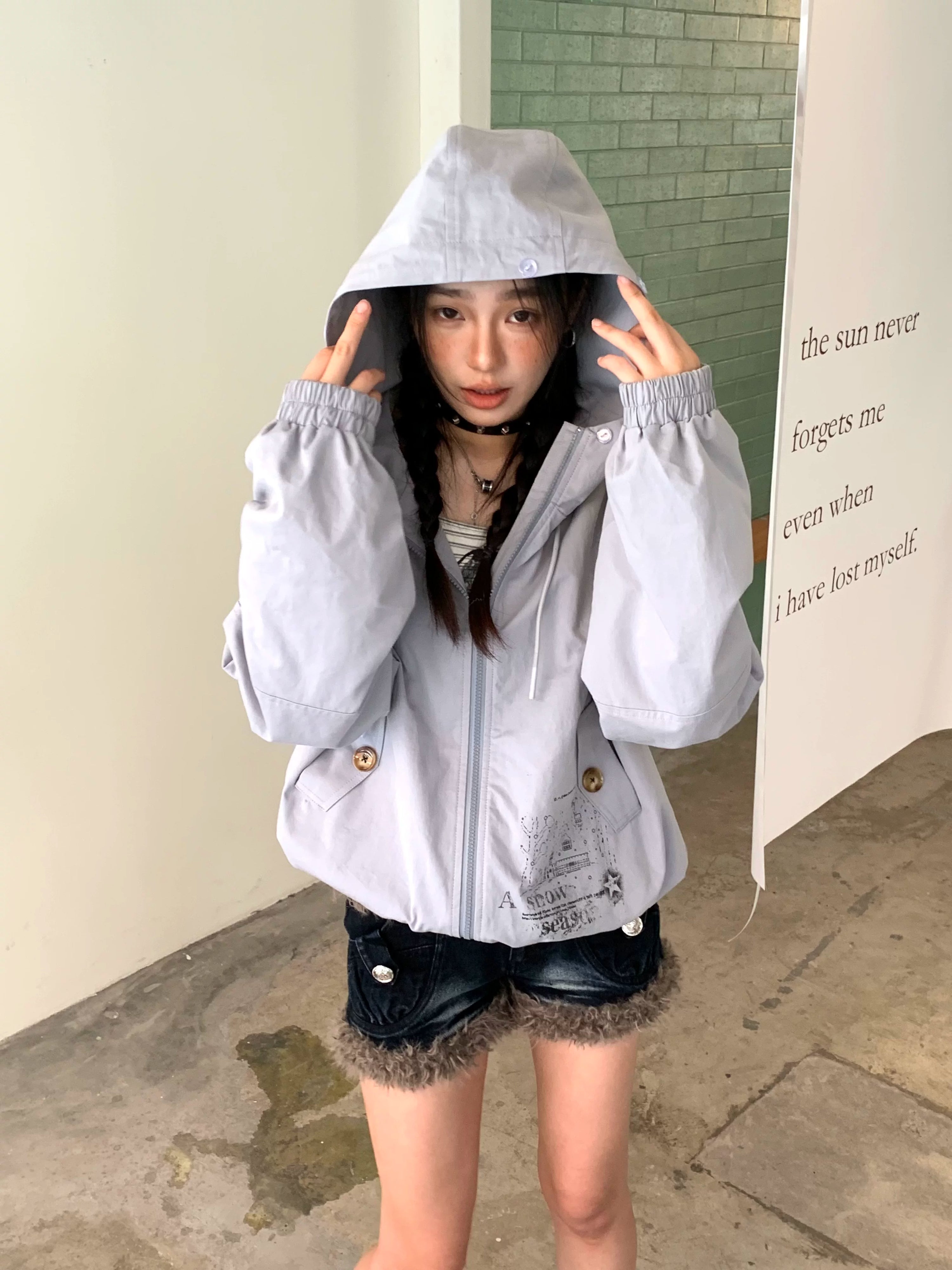 Fake Fur Trim Graphic Print Oversize Hooded Jacket
