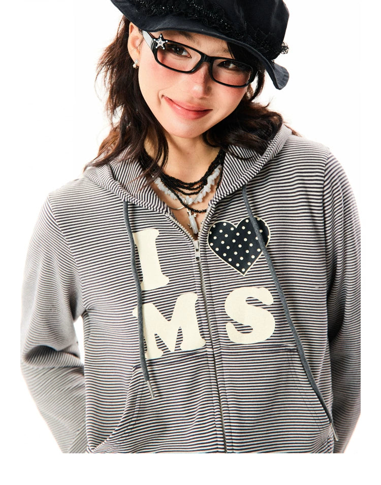 Heart Letter Print Stripe Cropped Zipper Hoodie
