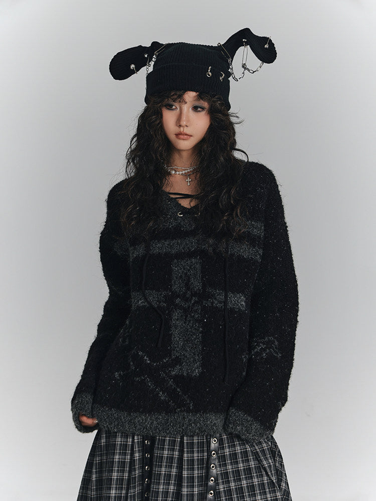 Cross Detail Drawstring Oversize V-Neck Knit Sweater