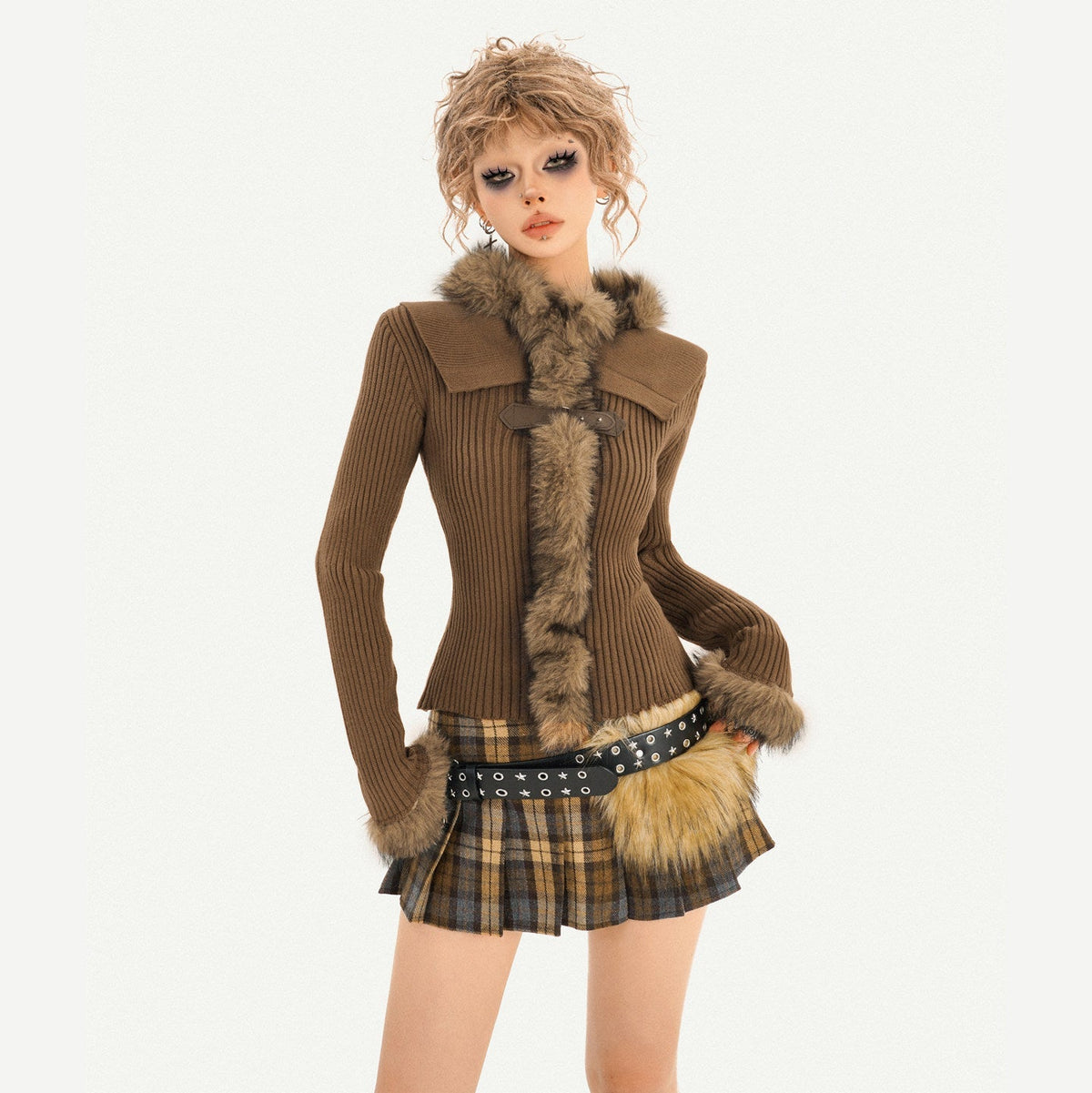 Fur Collar Fitted Knit Sweater