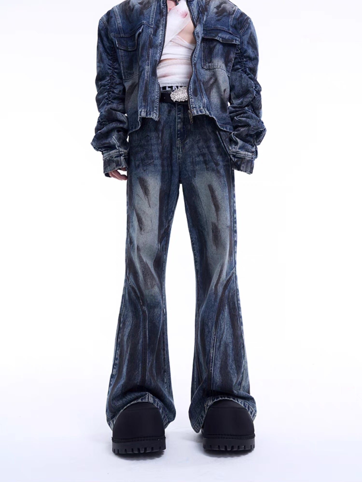 Wrinkles Sleeve Stand Neck Denim Jacket & Micro Flare Denim Jeans Setup