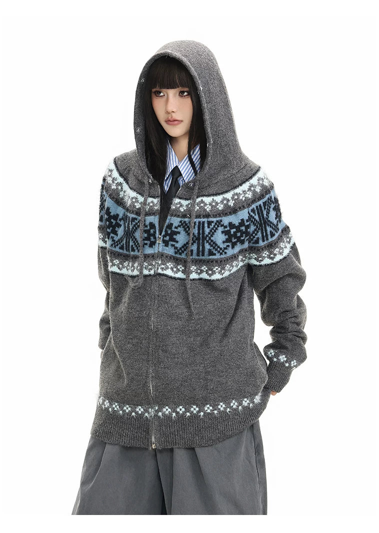 Fur Collar Fair Isle Hooded Knit Cardigan