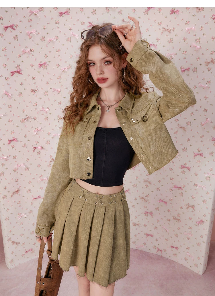 Pleats Short Skirt & Short Jacket Setup