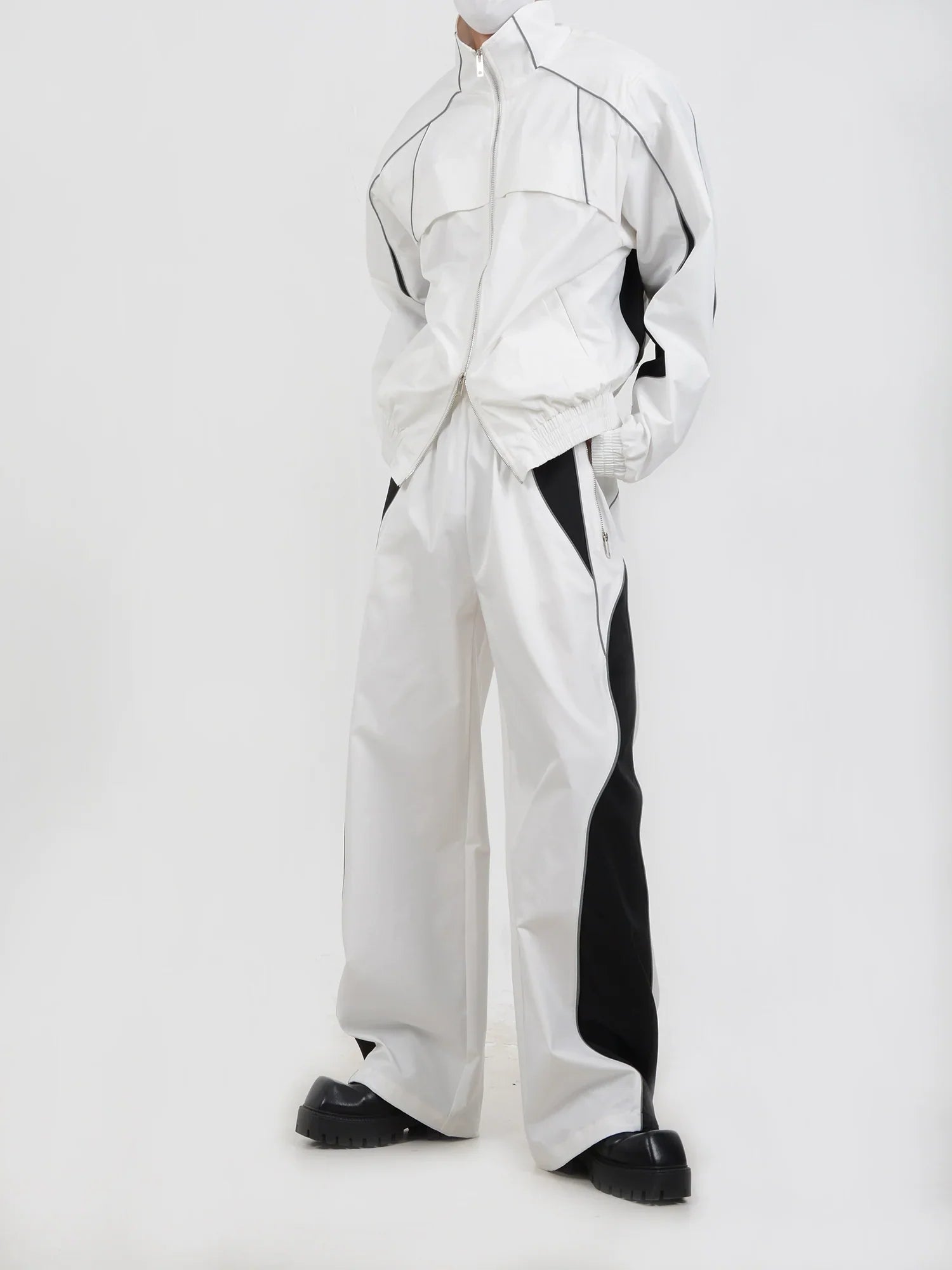Contrast Color Sporty Jacket & Wide-leg Sporty Pants Setup