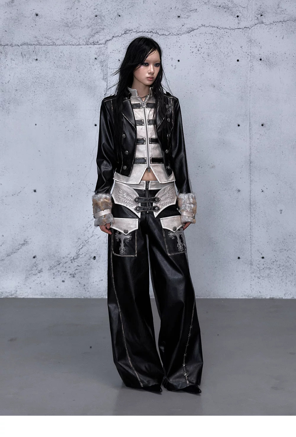 Lace Panel Buckle Detail Wide Leg PU Leather Pants