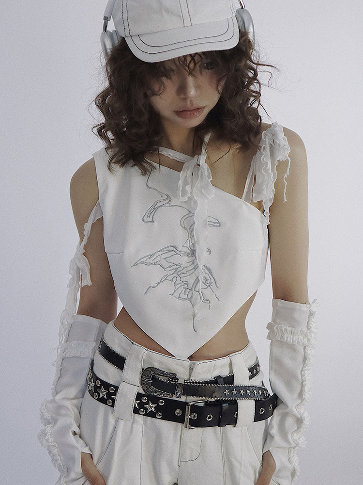 Butterfly Embroidery Tie-Strap Tank Top