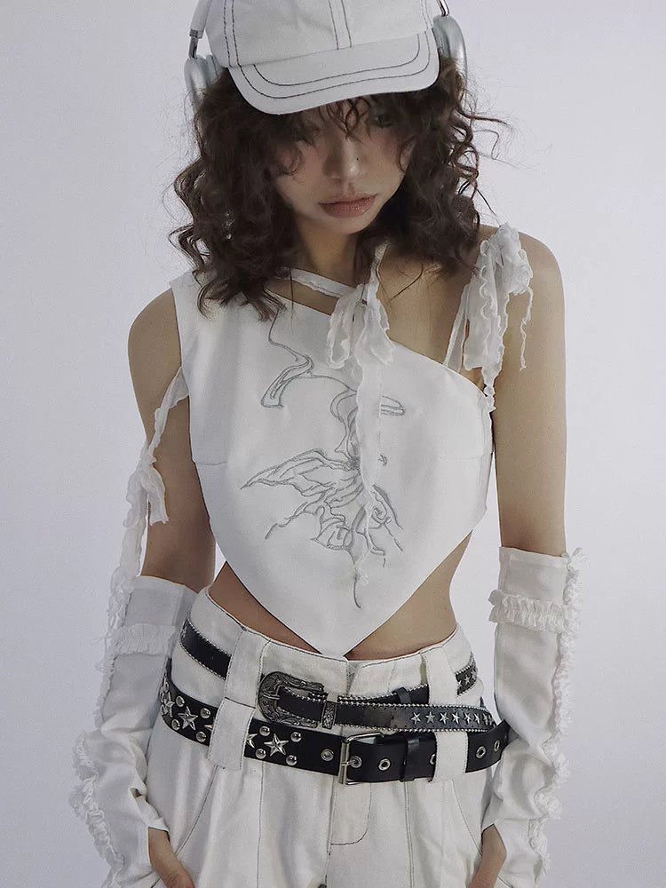 Butterfly Embroidery Tie-Strap Tank Top