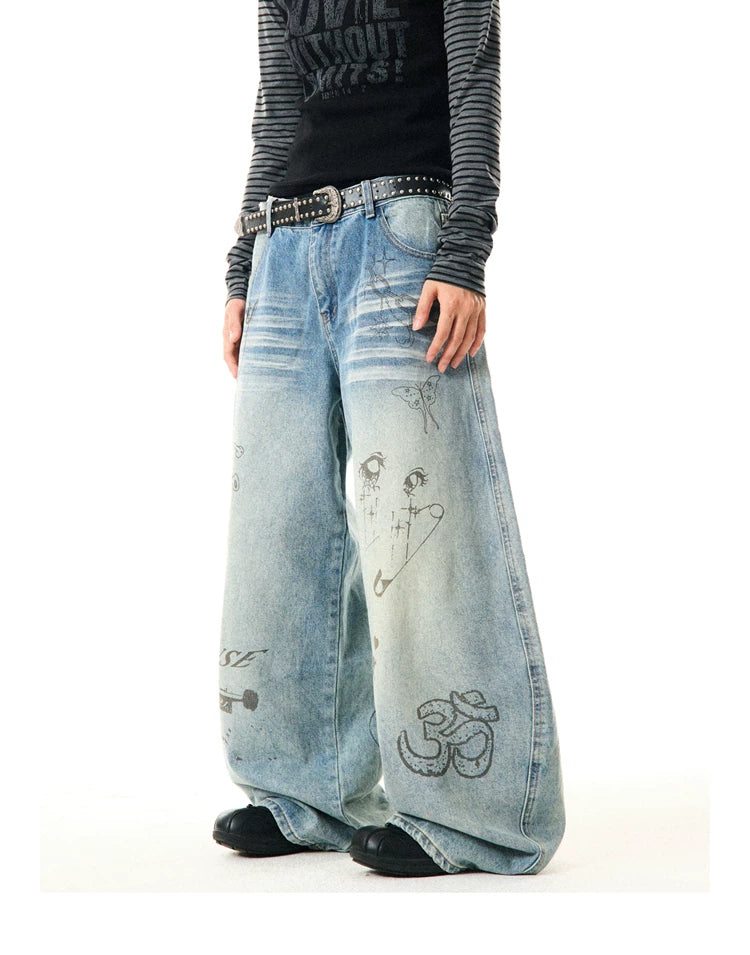 Washed Graffiti Print Wide Leg Denim Jeans