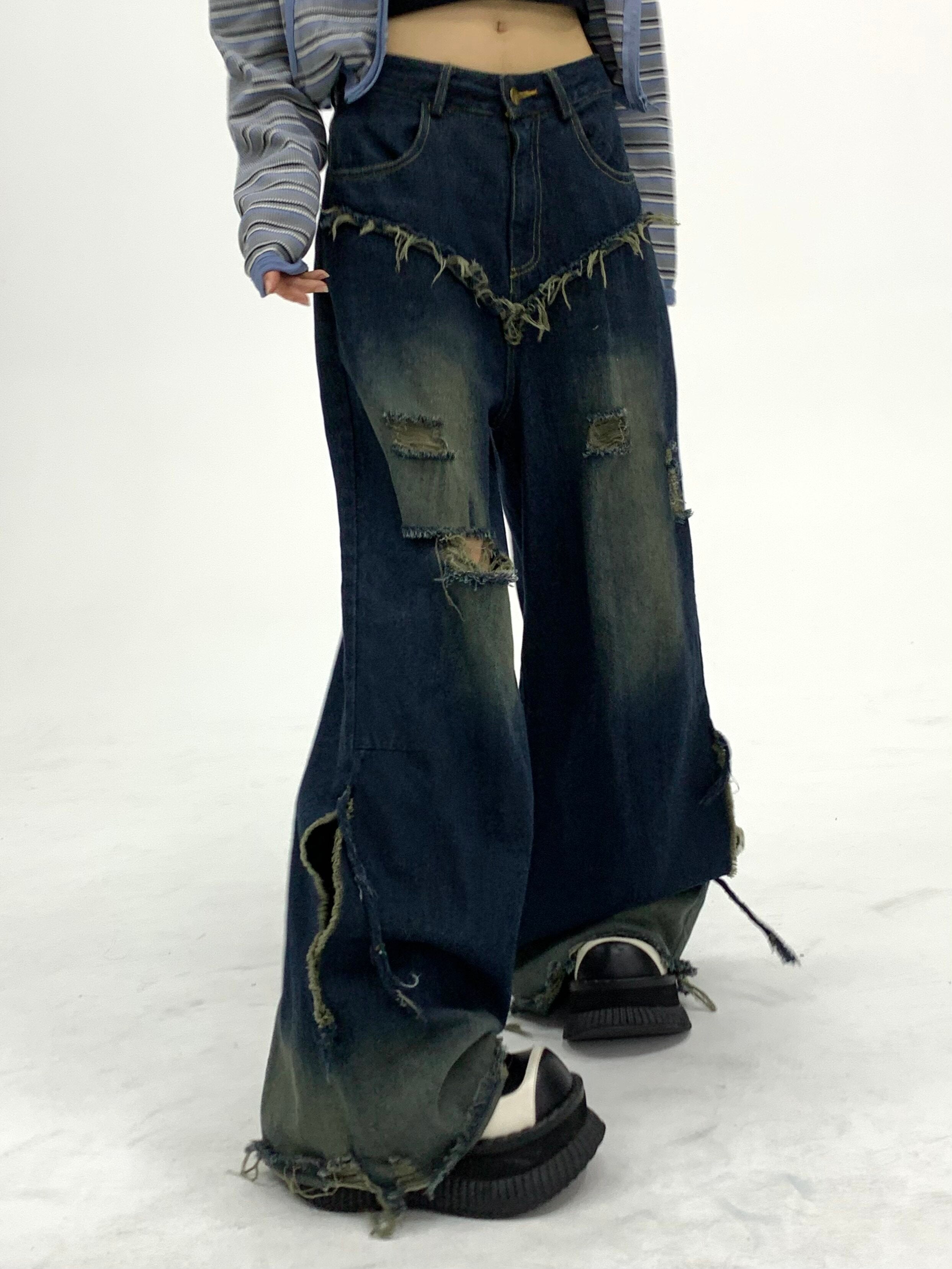 Washed Damage Fray Panel Wide Leg Denim Jeans
