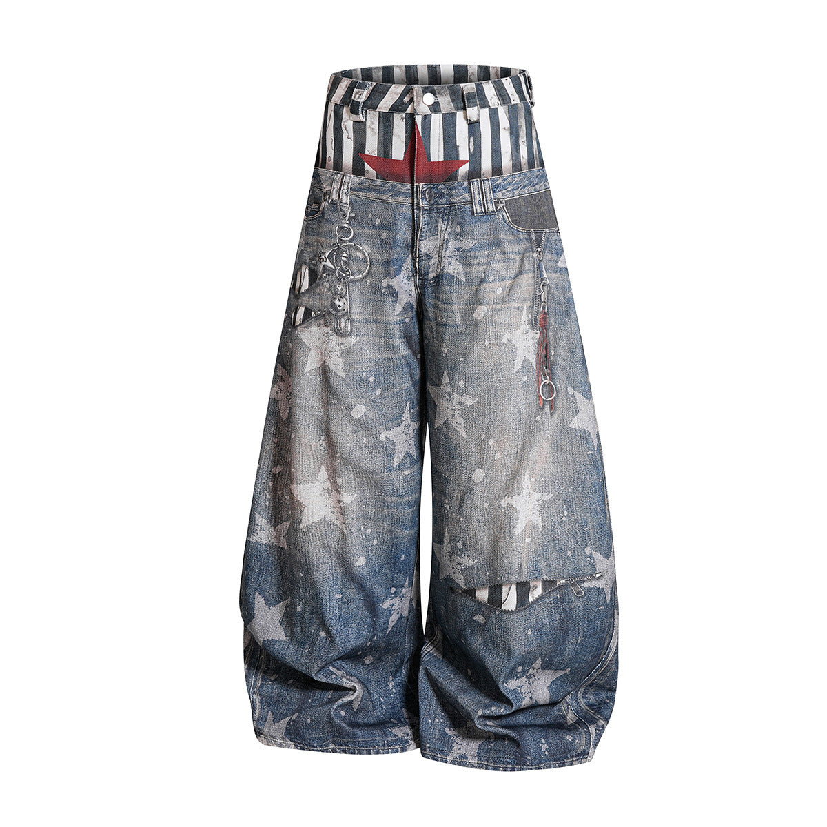 Star Print Fake Layered Curved Wide Leg Denim Jeans