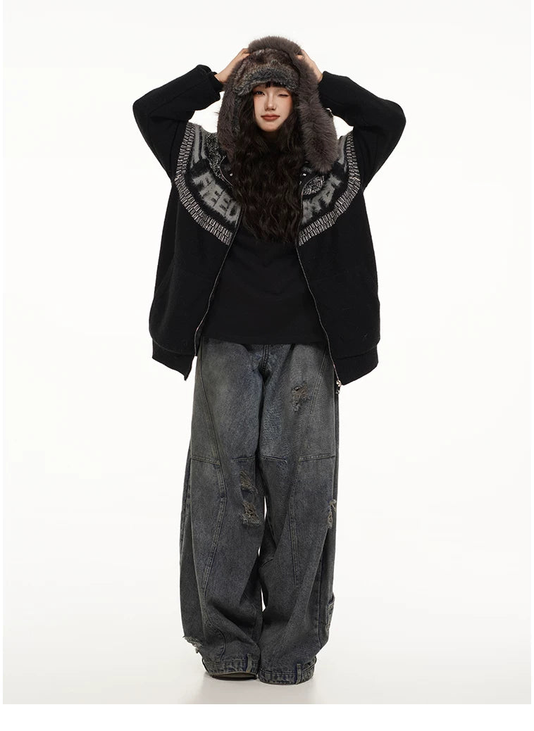Fair Isle Hooded Detachable Fur Collar Knit Cardigan