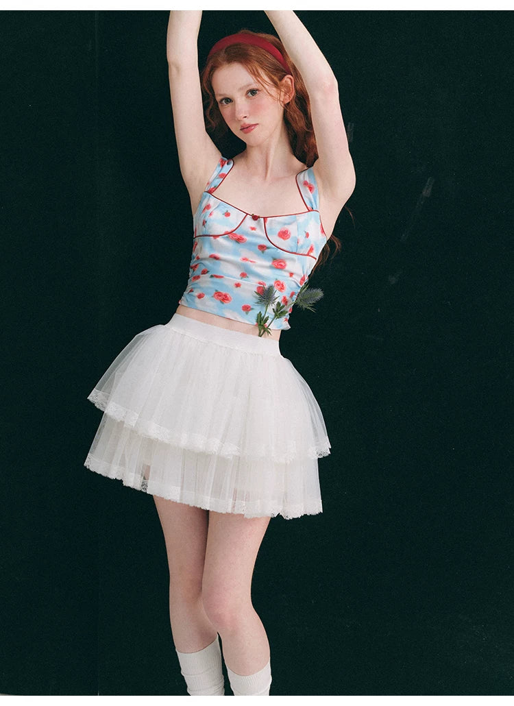 Hand Painted Rose Floral Camisole & Short Skirt Setup