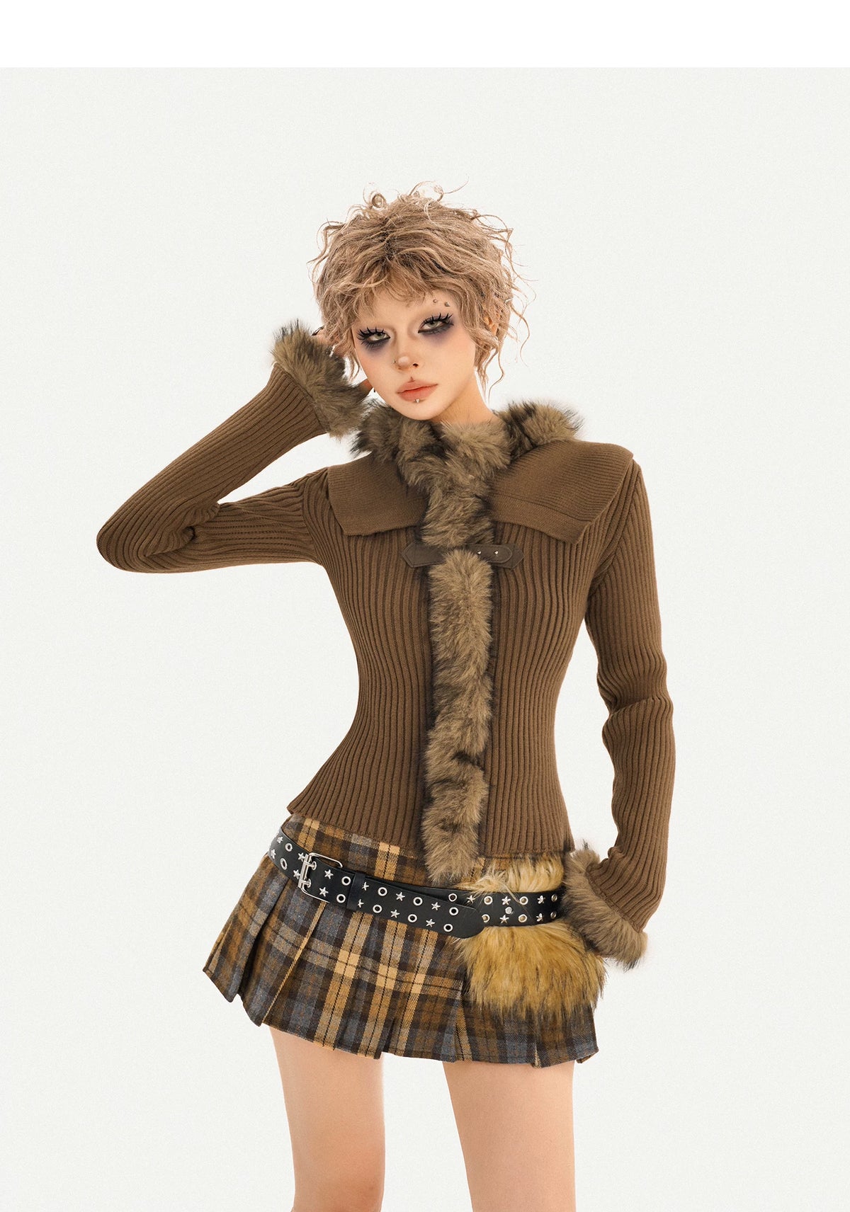 Fur Collar Fitted Knit Sweater