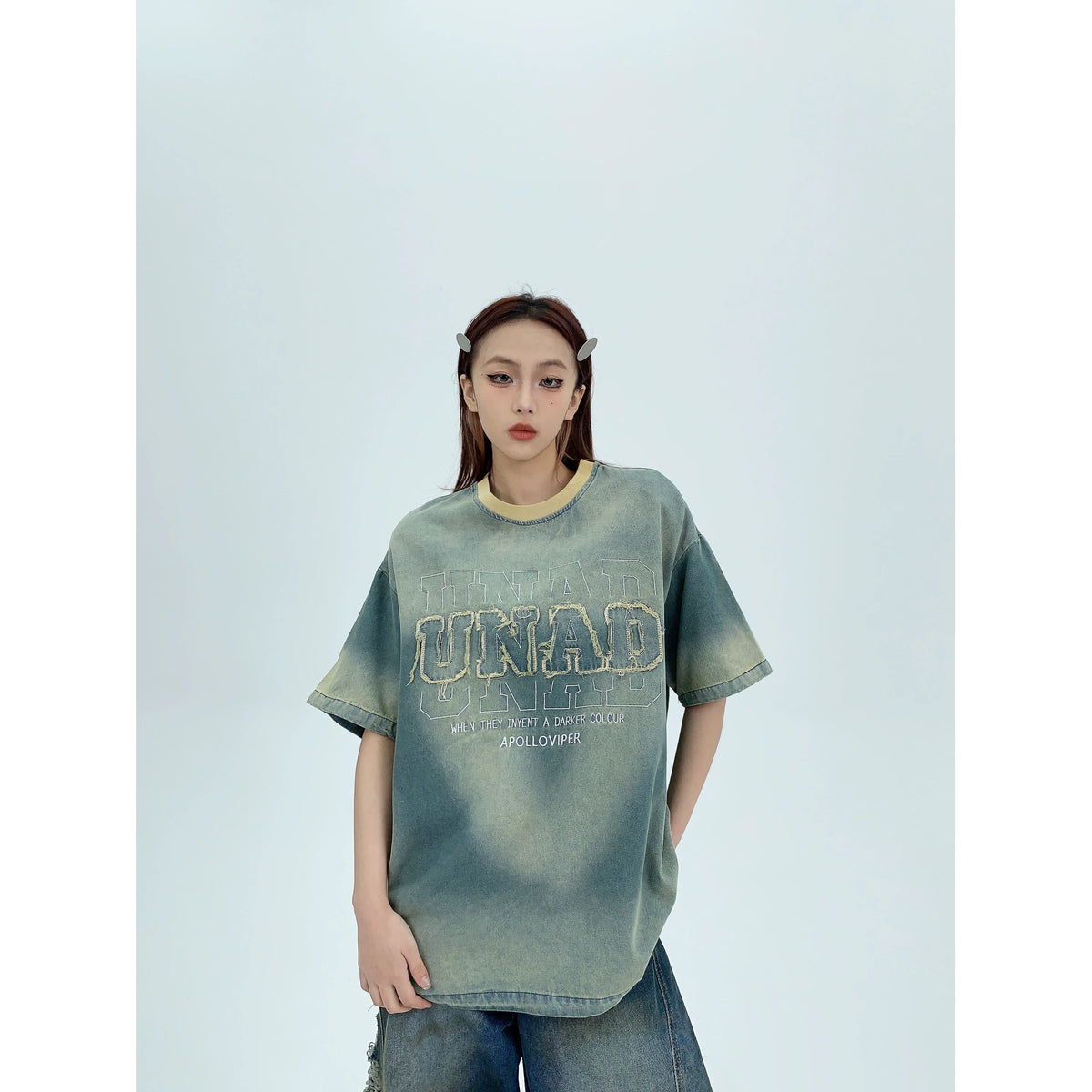 Patch Embroidery Oversized Denim Short Sleeve T-Shirt