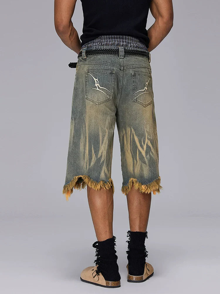 Washed Mud Dye Brush Finish Wide Leg Denim Short