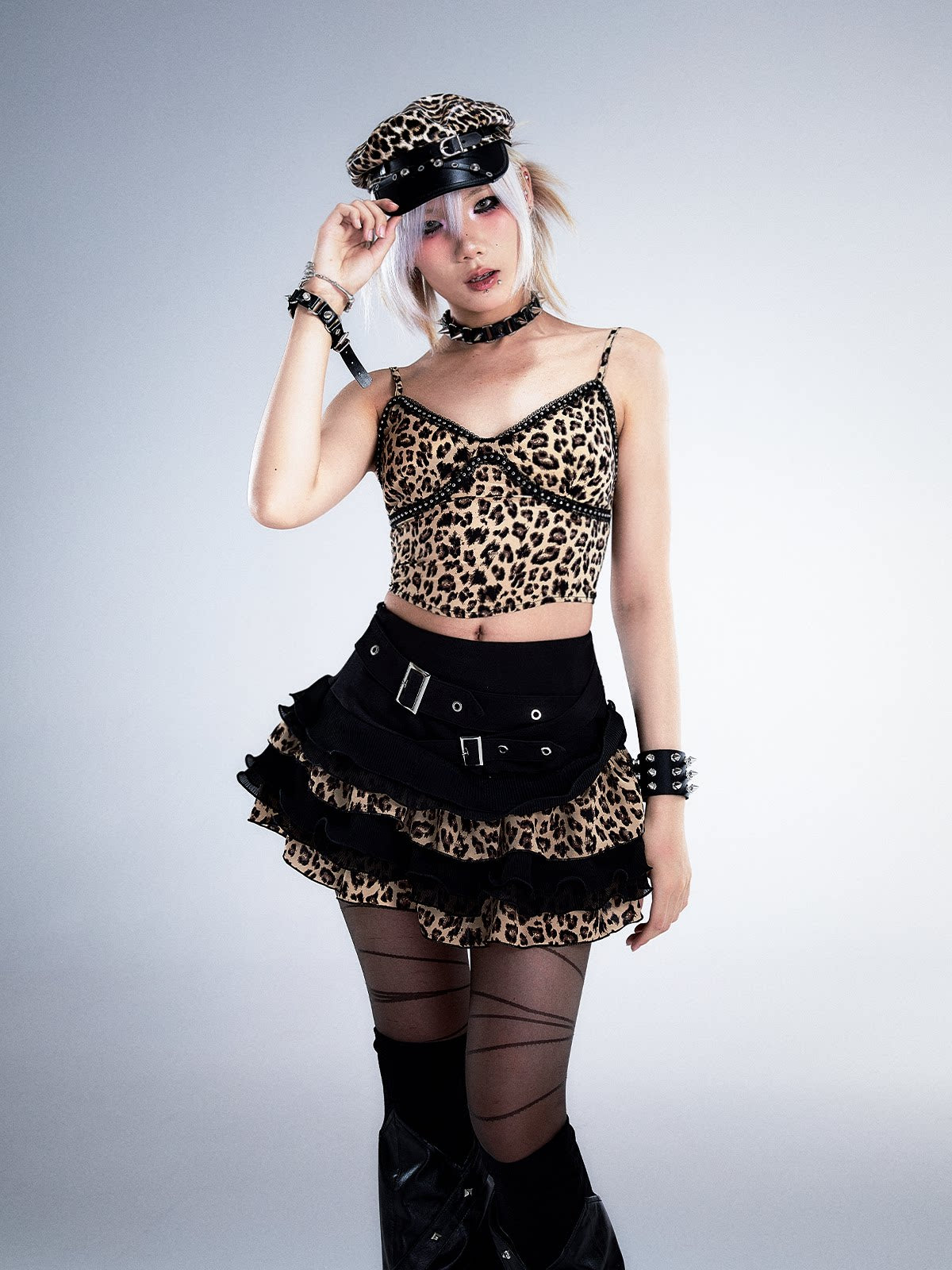 Leopard Patchwork Belted Tiered A-Line Skirt