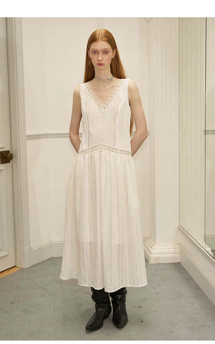 V-Neck Lace Stripe Splicing Sleeveless Long Dress