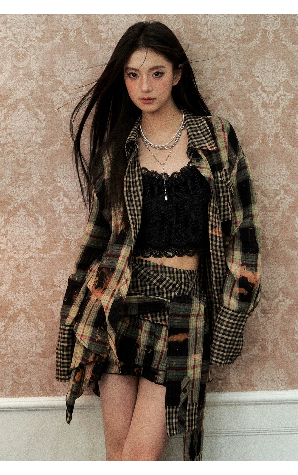 Oversize Plaid Long Sleeve Shirt & Short Skirt & Scarf Setup