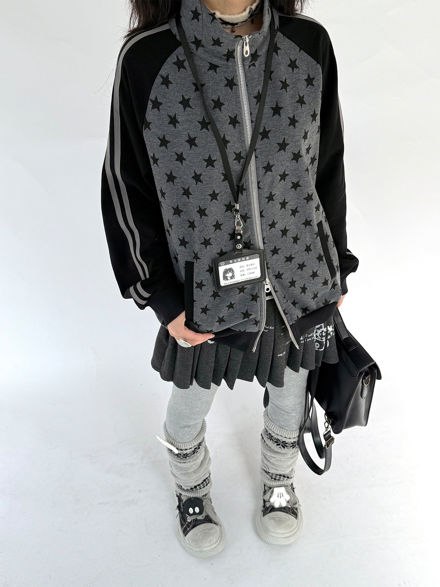 Star Print Double Zipper High-Neck Oversize Cardigan