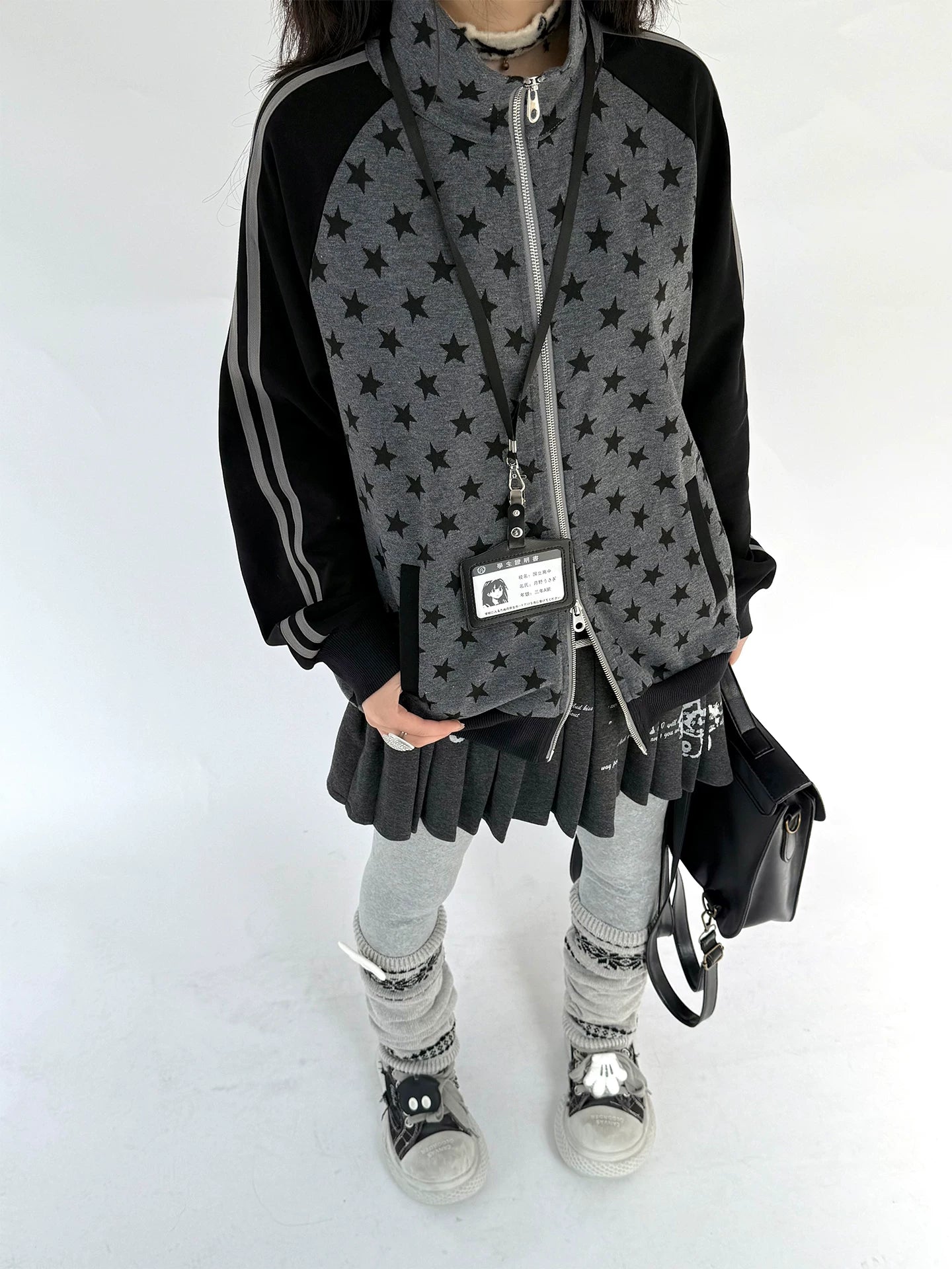 Star Print Double Zipper High-Neck Oversize Cardigan