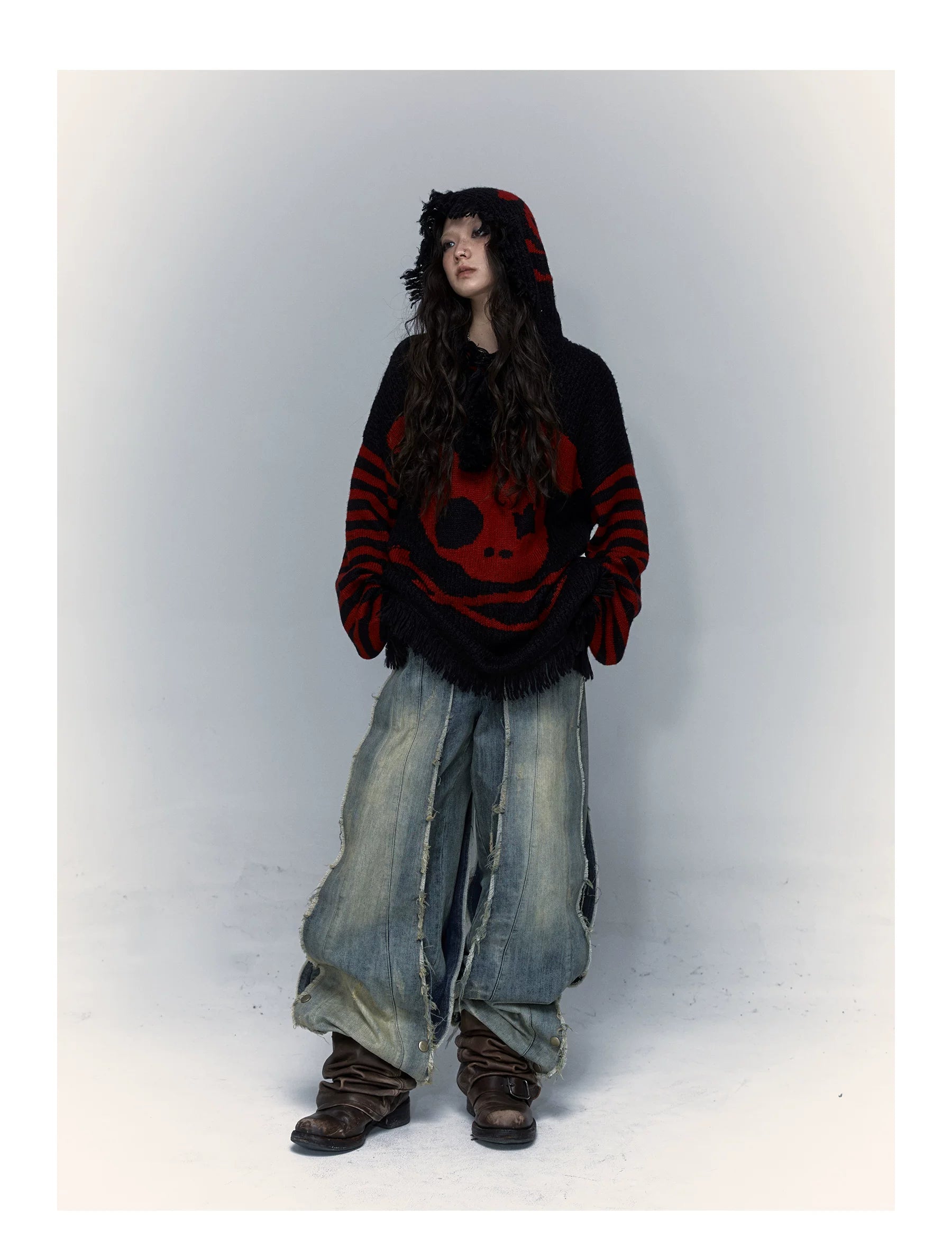 Skull Print Stripe Oversize Knit Hoodie