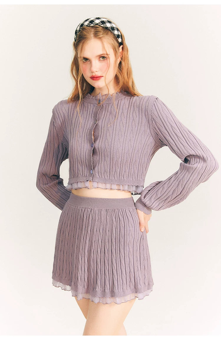 Tulip Button Knit Cardigan & Knit Short Skirt Setup