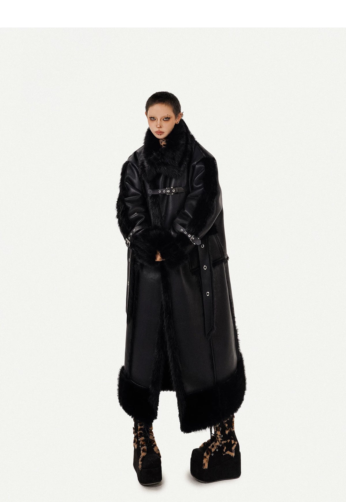 PU Leather Fake Fur Stand Neck Coat