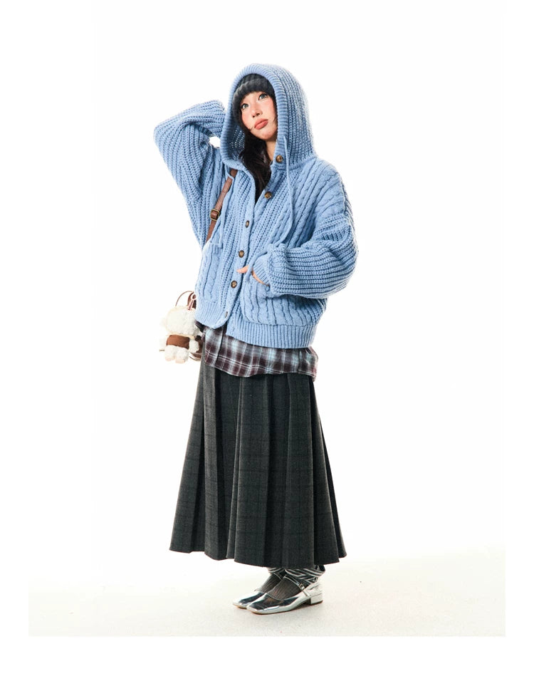 Hooded Button Oversize Cable Knit Cardigan