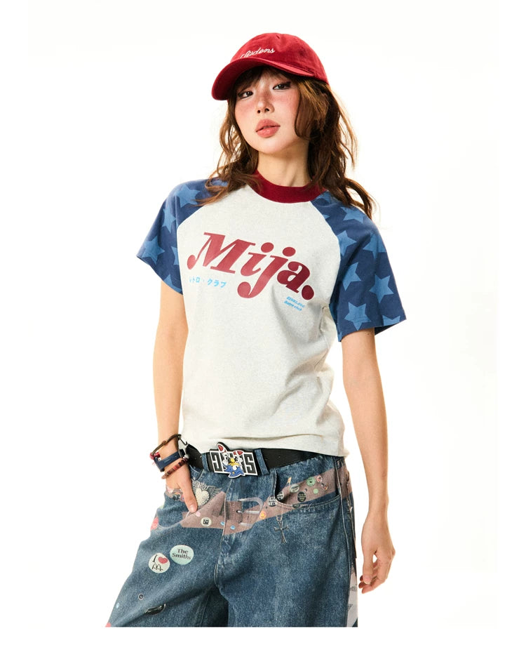 Raglan Sleeve Letter Print Fitted Short Sleeve T-Shirt