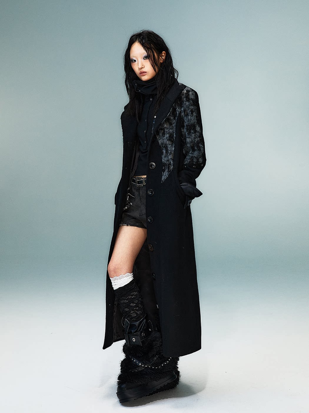 High-Neck Studs Patchwork Wool Coat