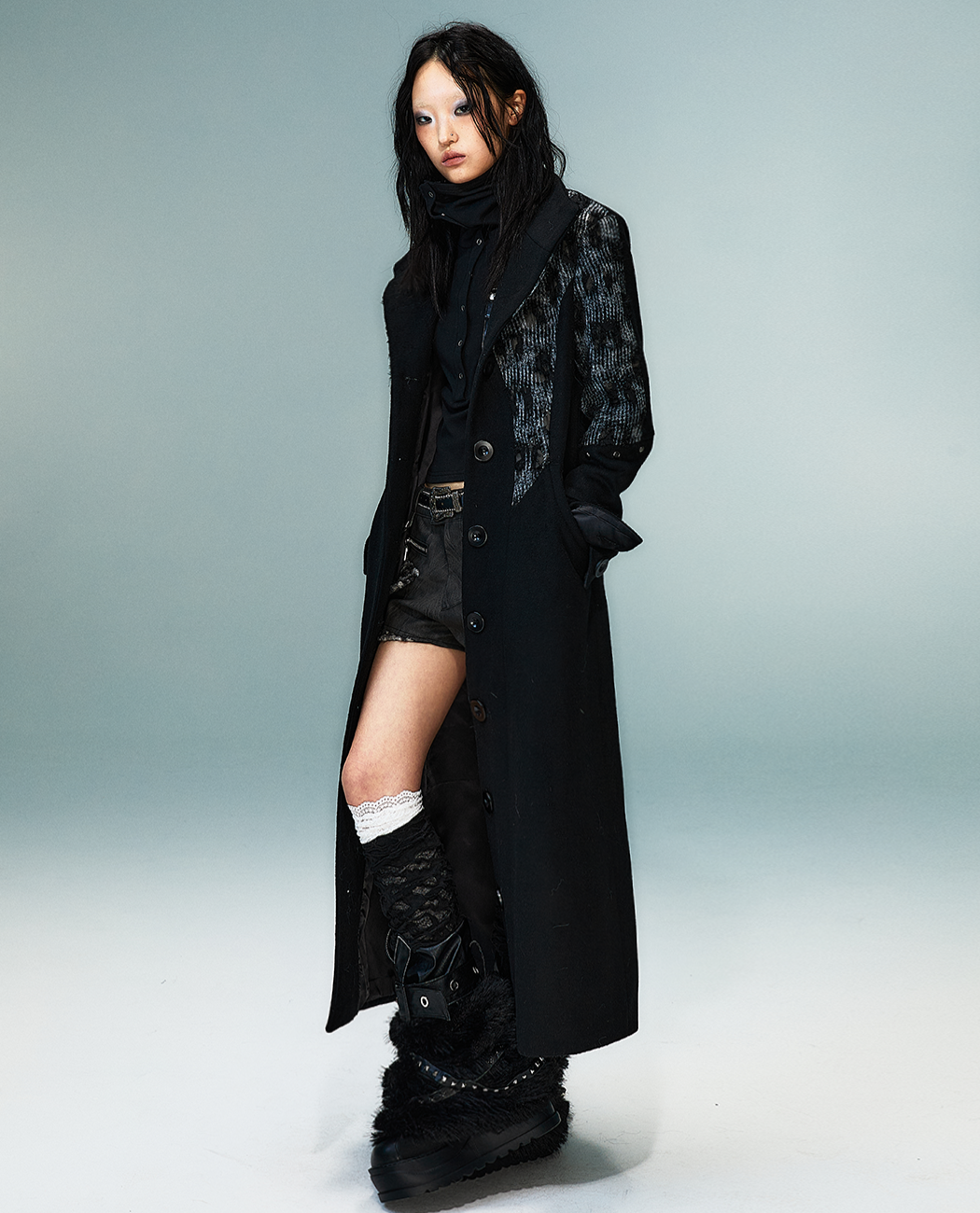High-Neck Studs Patchwork Wool Coat