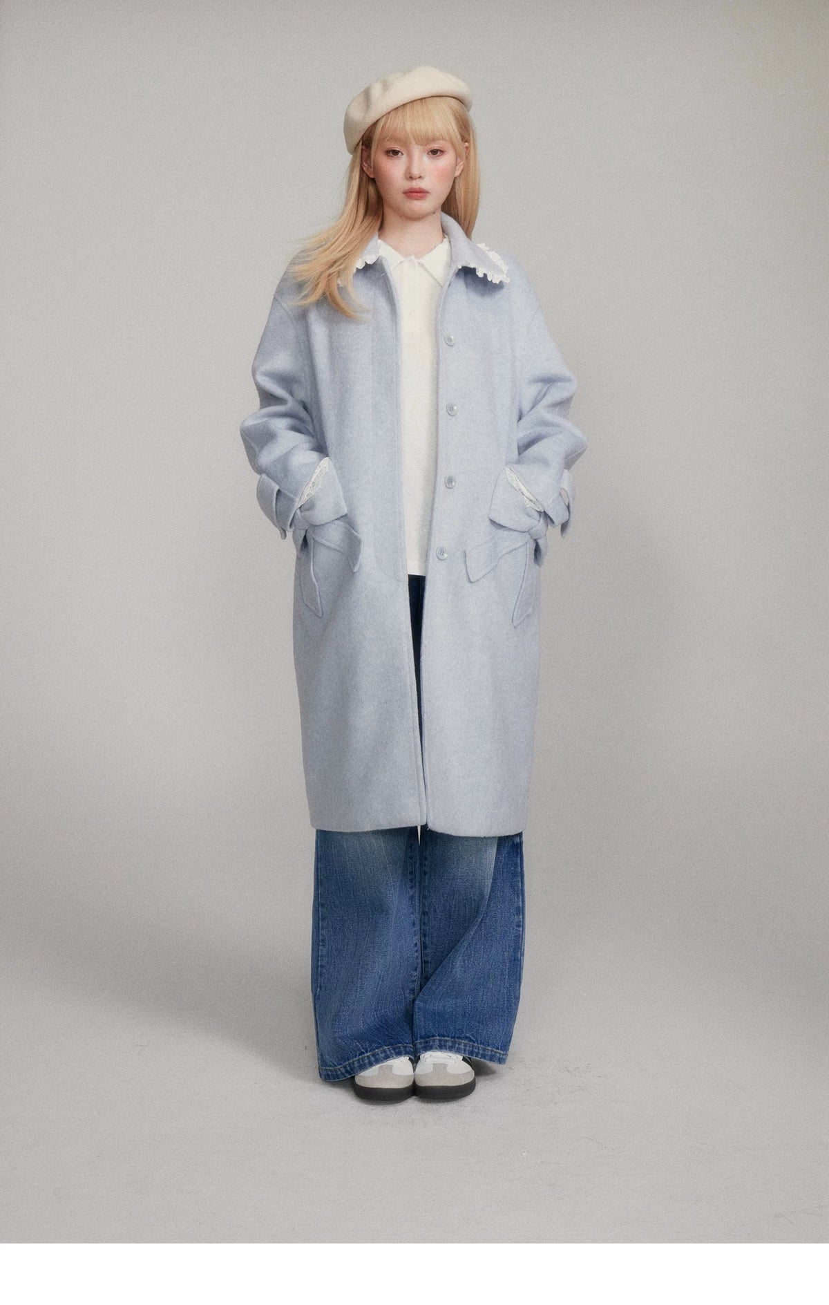 Lace Collar And Ribbon-Detail Coat