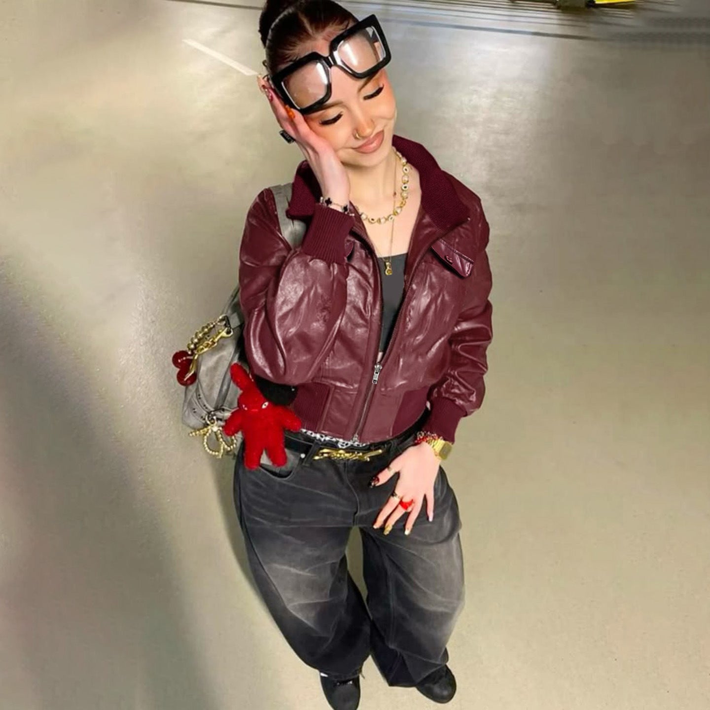 High-Neck Patchwork Leather Jacket