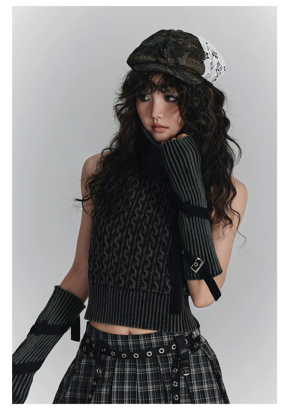High-Neck Sleeveless Lace-Up Backless Knit Sweater & Arm Warmers