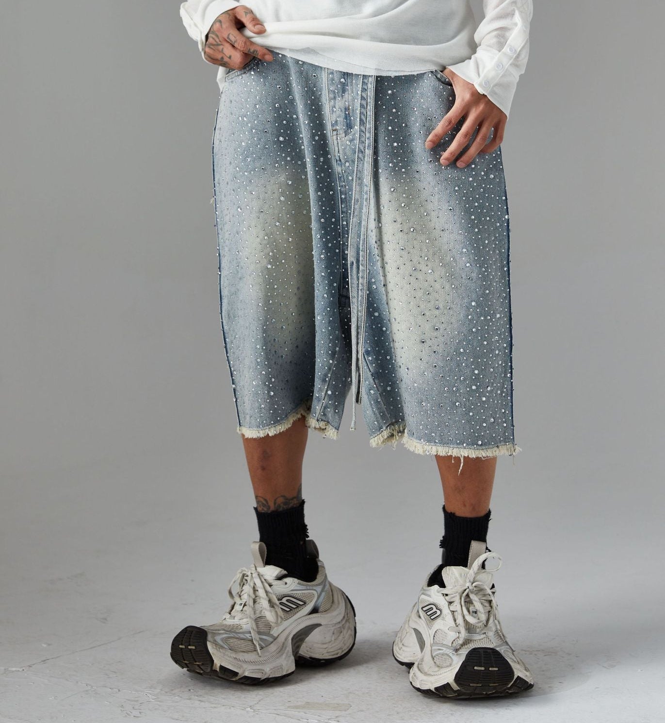 Fringe Rhinestone Wide Leg Jort