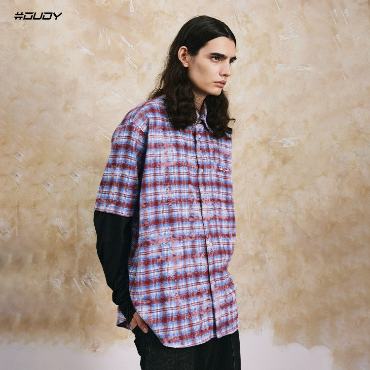Plaid Fake Layered Letter Embroidery Dyeing Long Sleeve Shirt