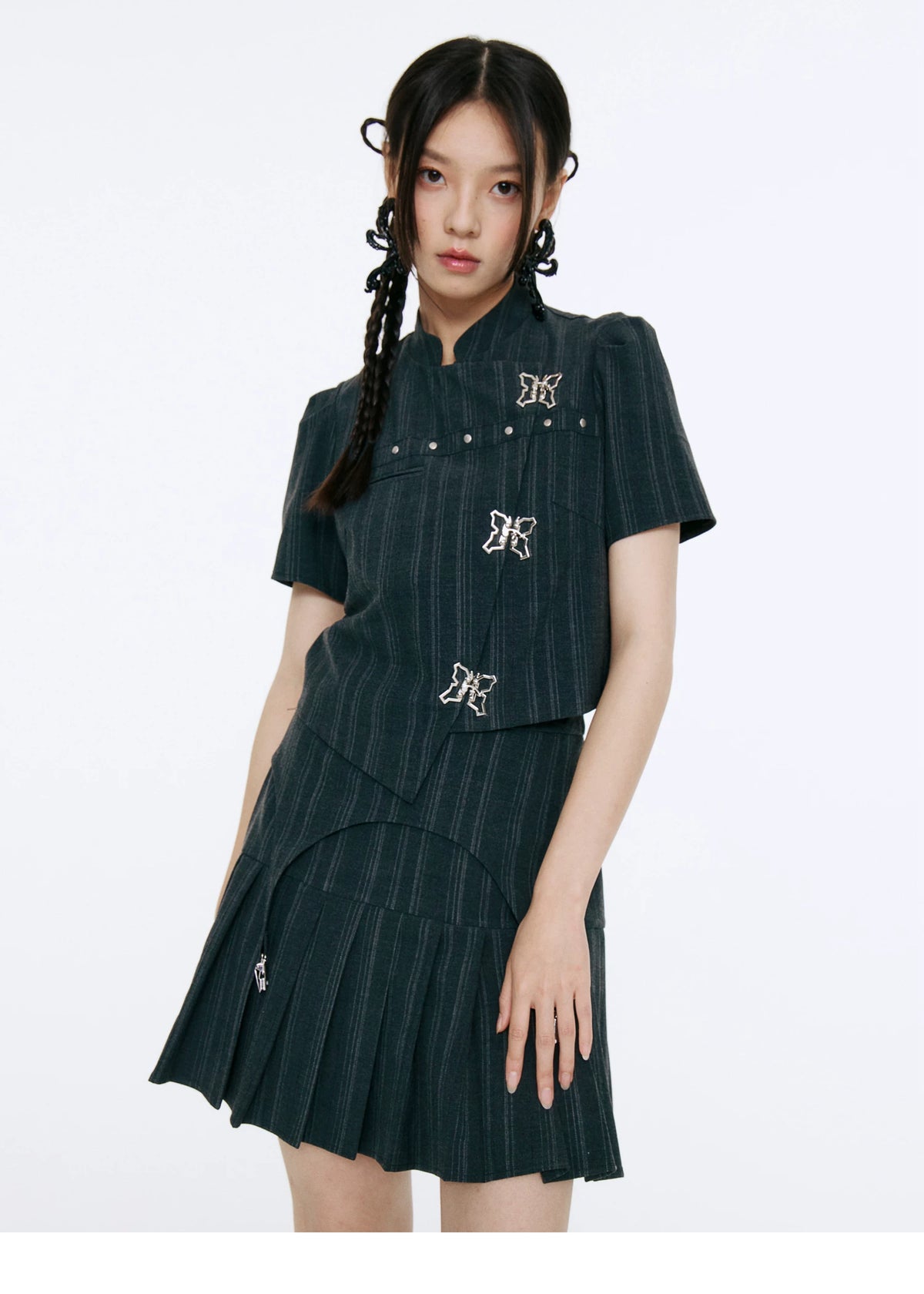 Bow Detail Pinstripe Cropped Shirt & Pleated Skirt Setup