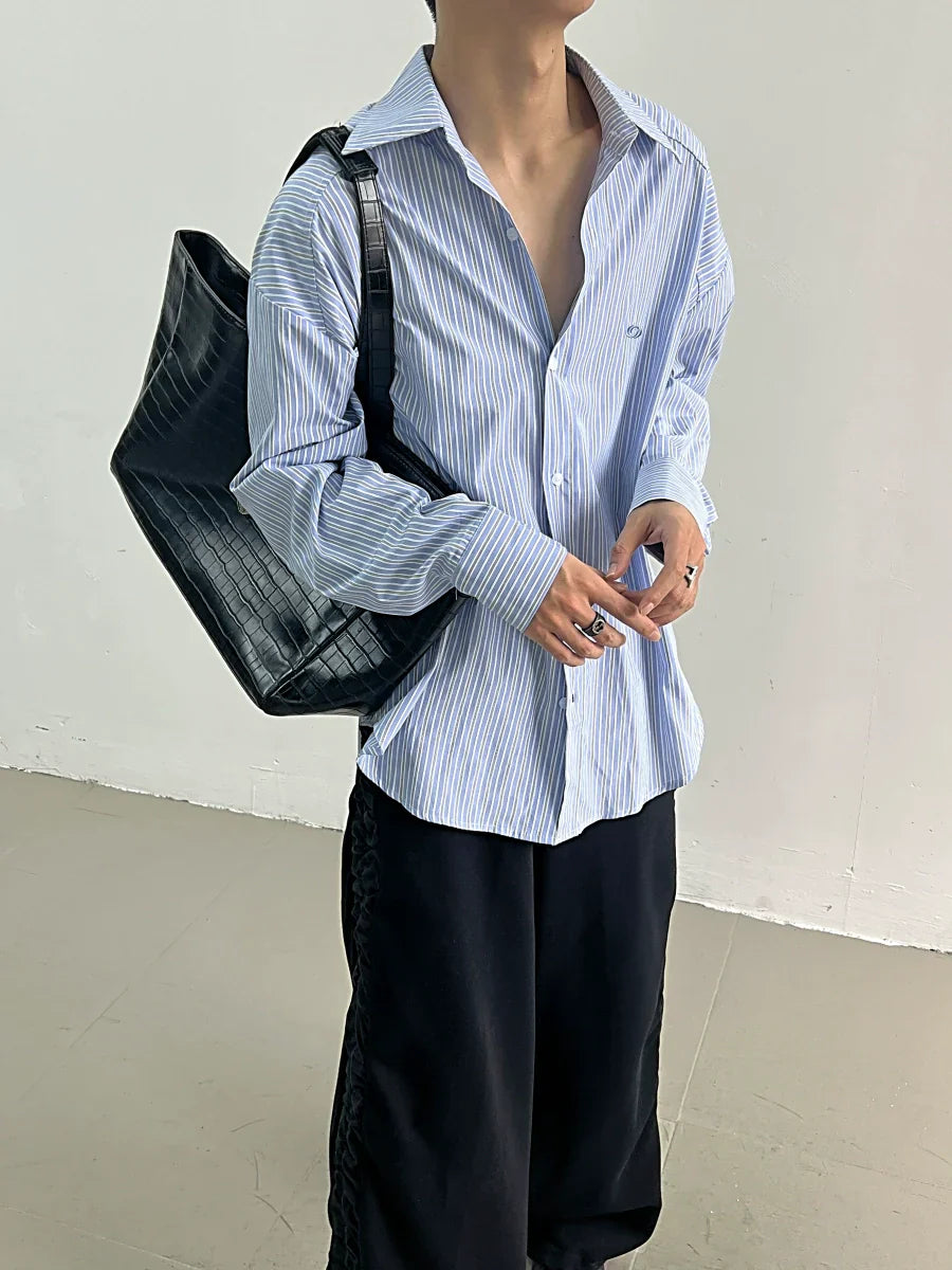 Striped Embroidery Oversize Long Sleeve Shirt