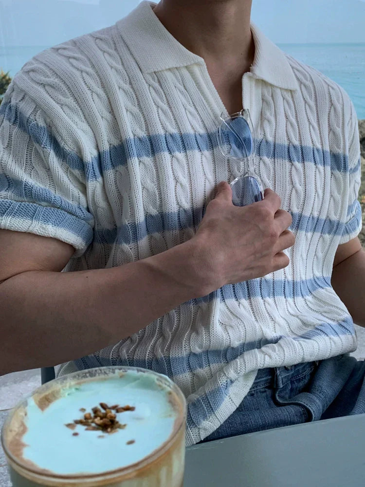 Cable Stripe Knit Lapel Short Sleeve Polo Shirt