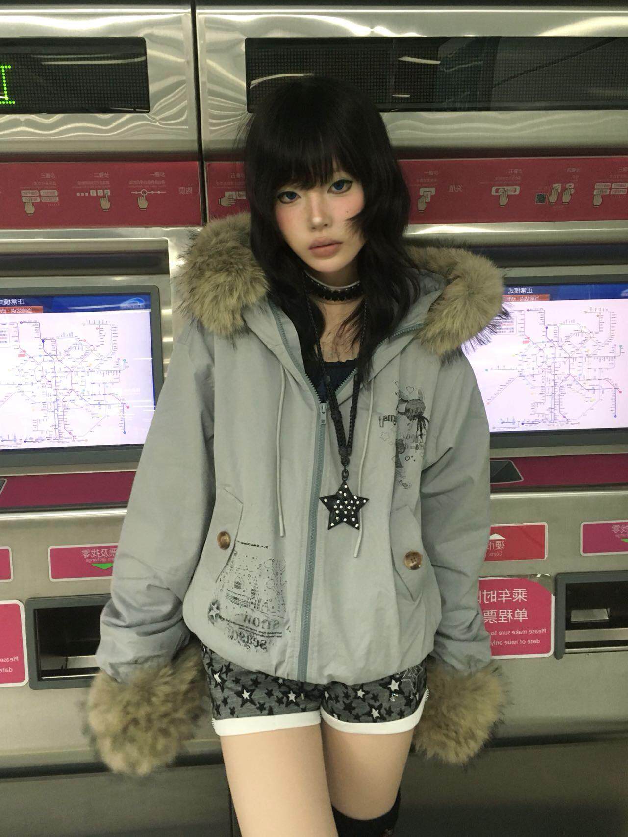 Fake Fur Trim Graphic Print Oversize Hooded Jacket