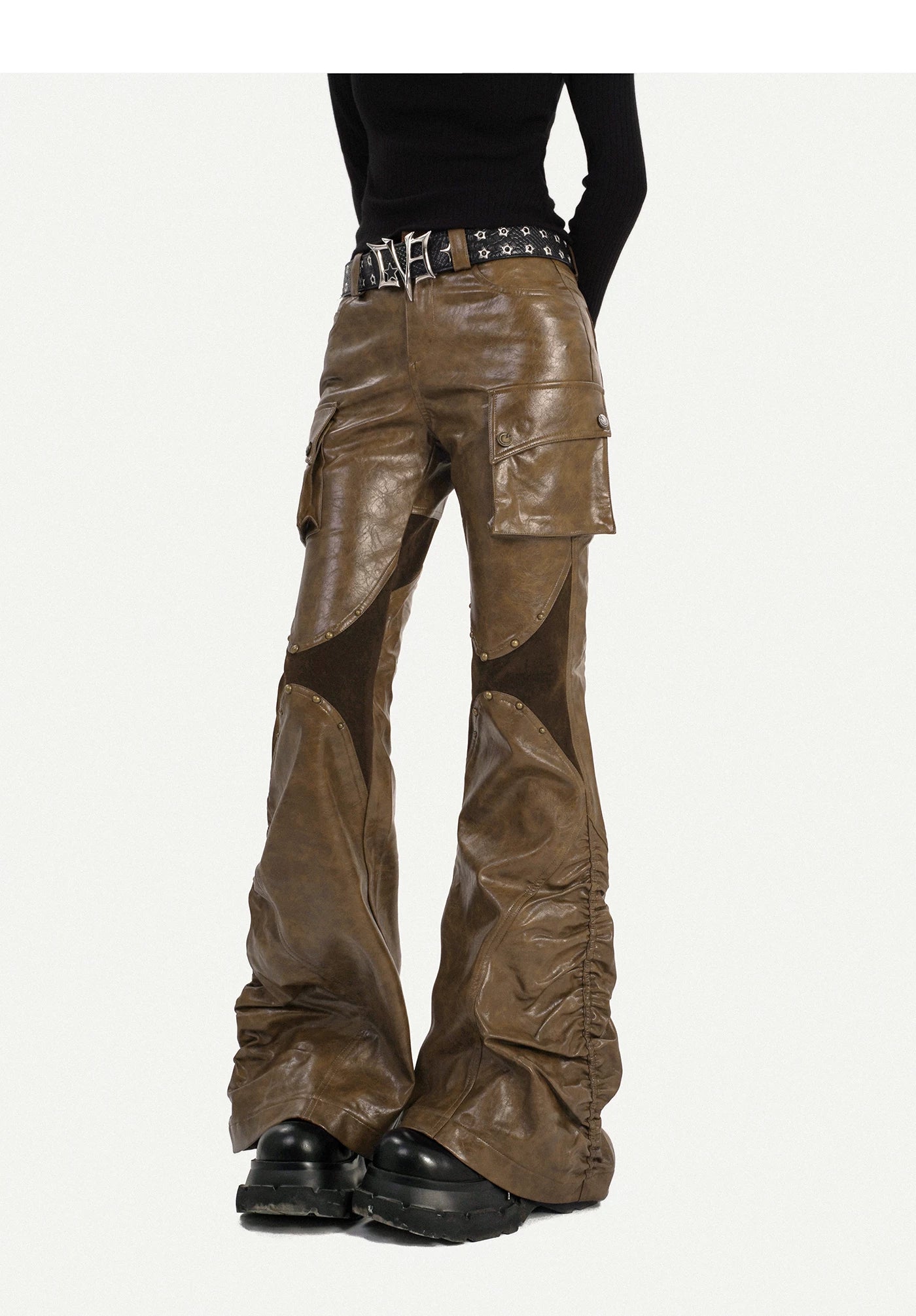 PU Leather Patchwork Fitted Flare Pants