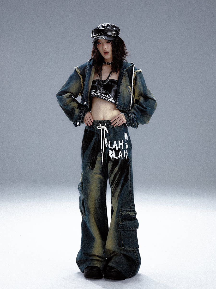 Washed Graffiti Wide-Leg Straight Dnim Jeans