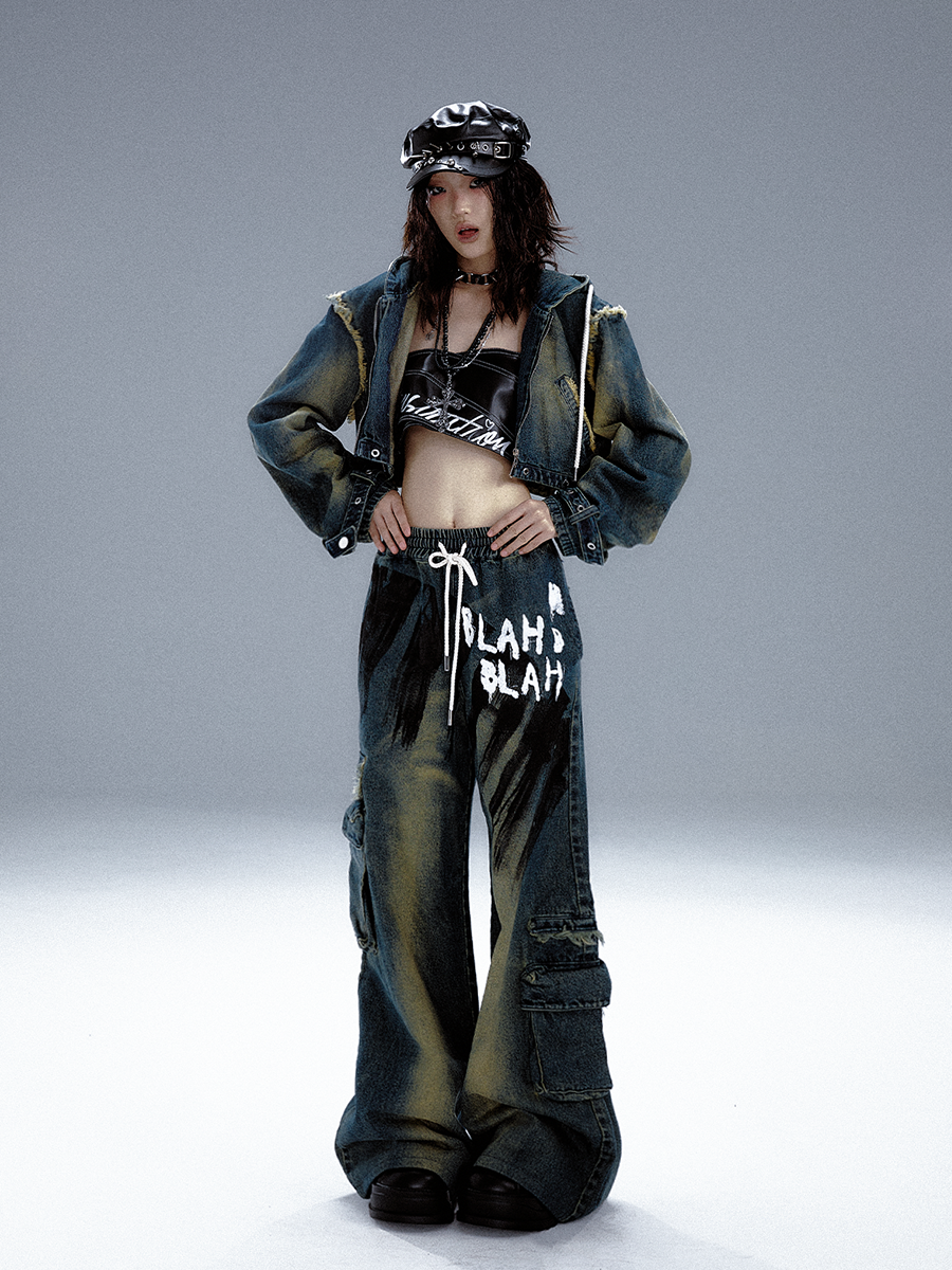 Washed Graffiti Wide-Leg Straight Dnim Jeans