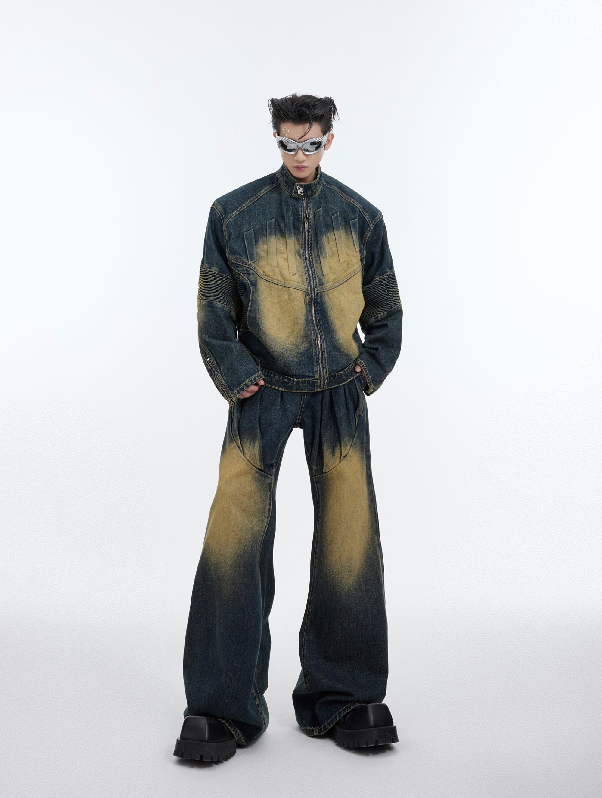 Washed Standing-collar Denim Jacket & Wide-leg Denim Jeans Setup
