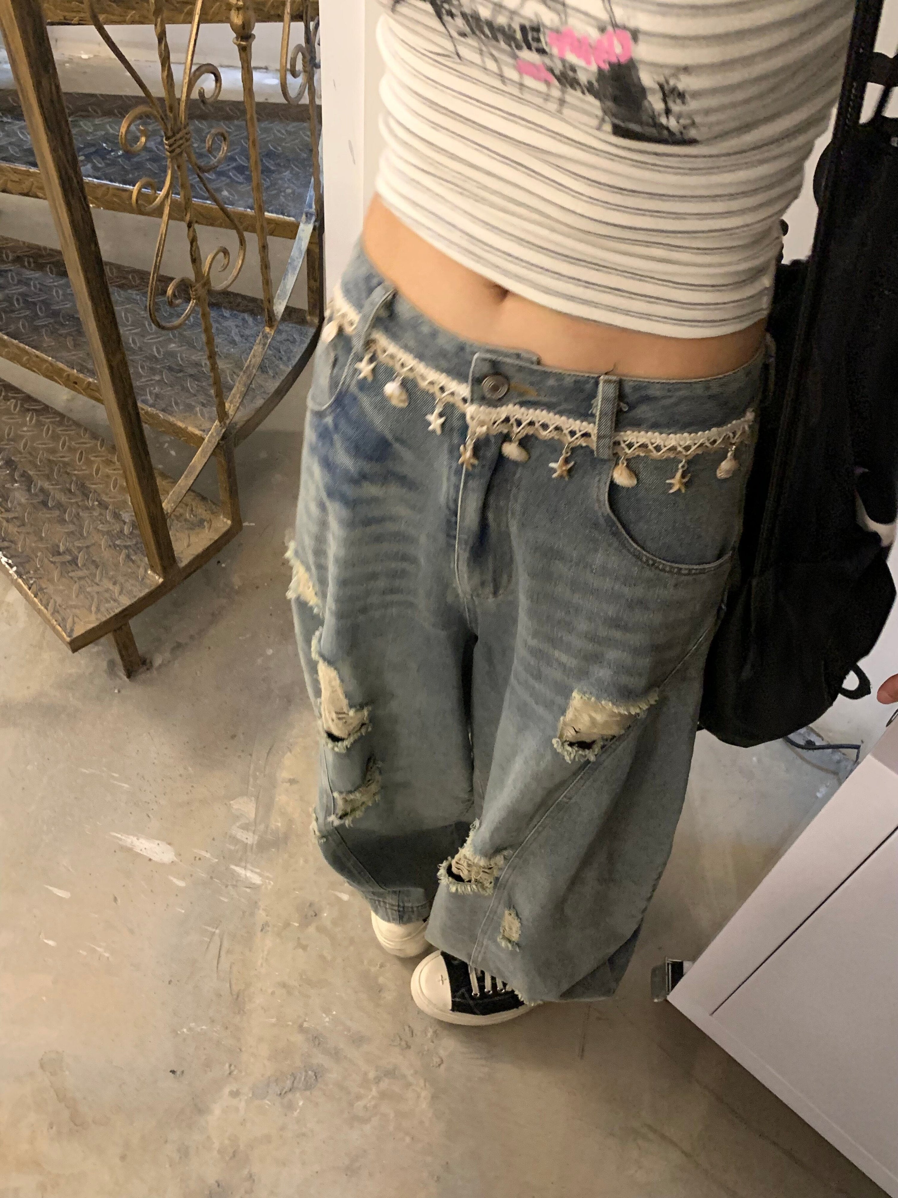 Washed Damage Wide Leg Shell Decoration Denim Jeans