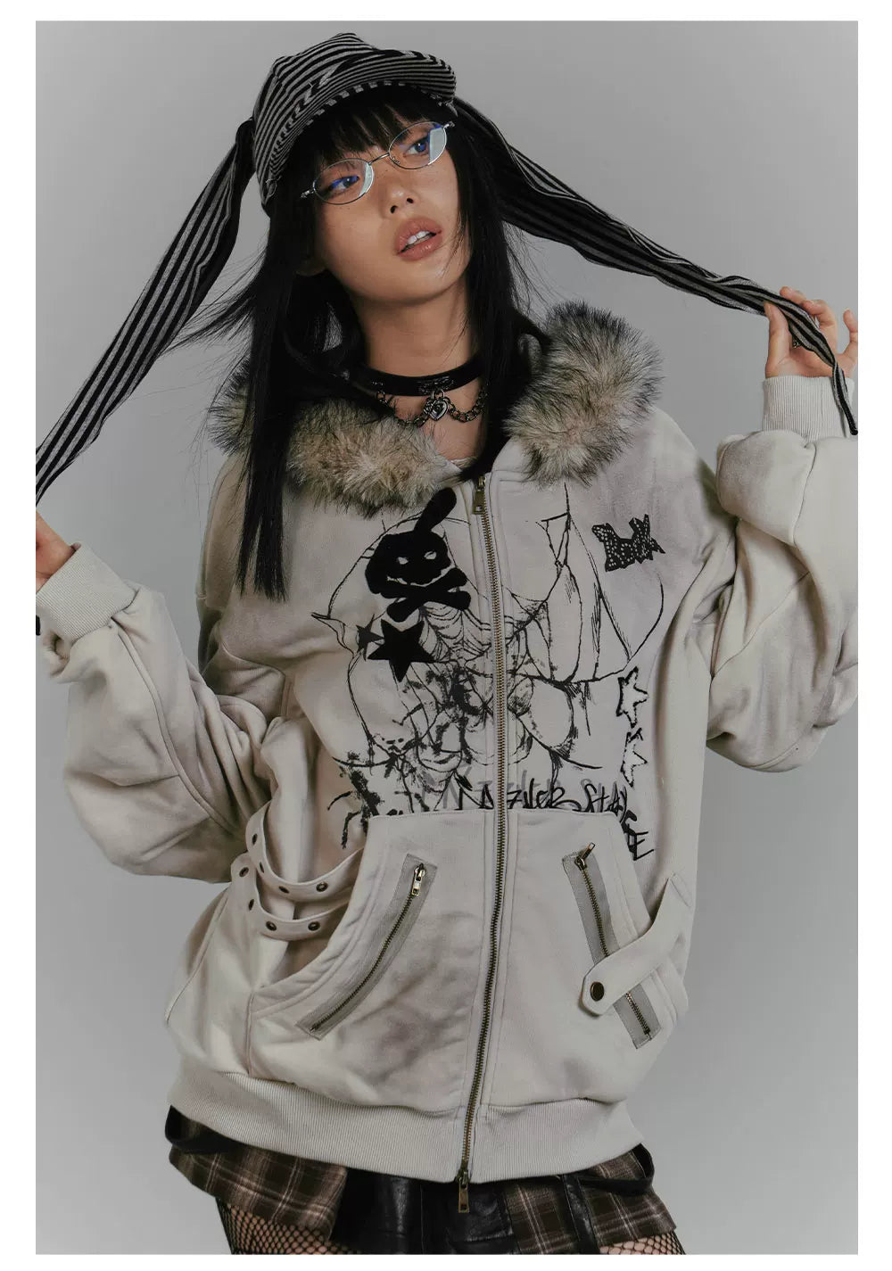 Graphic Fake Fur Hood Bunny Ear Zipper Hoodie Jacket