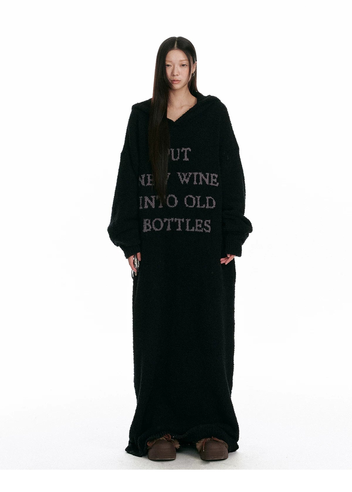 Fuzzy Hooded Knit Over-Knee Robe Dress
