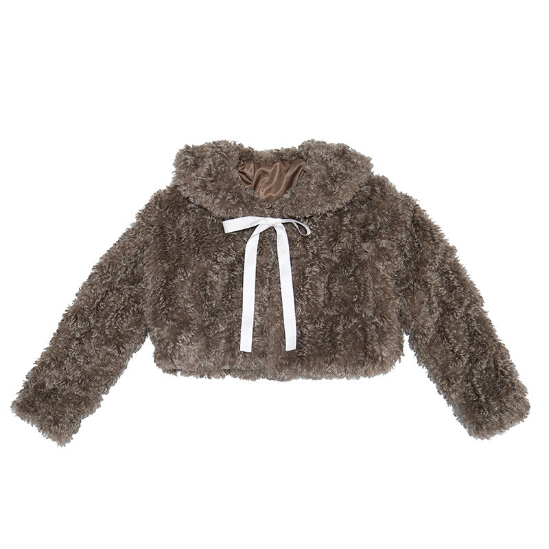 Fake Fur Bow Tie Plush Jacket